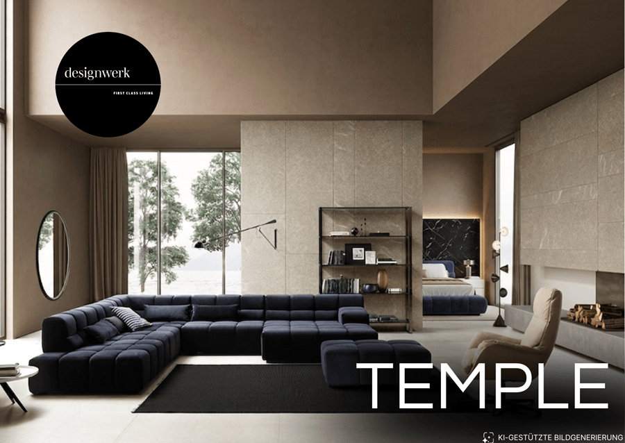 beige Couch mit Steppmuster und Aufschrift "Temple"